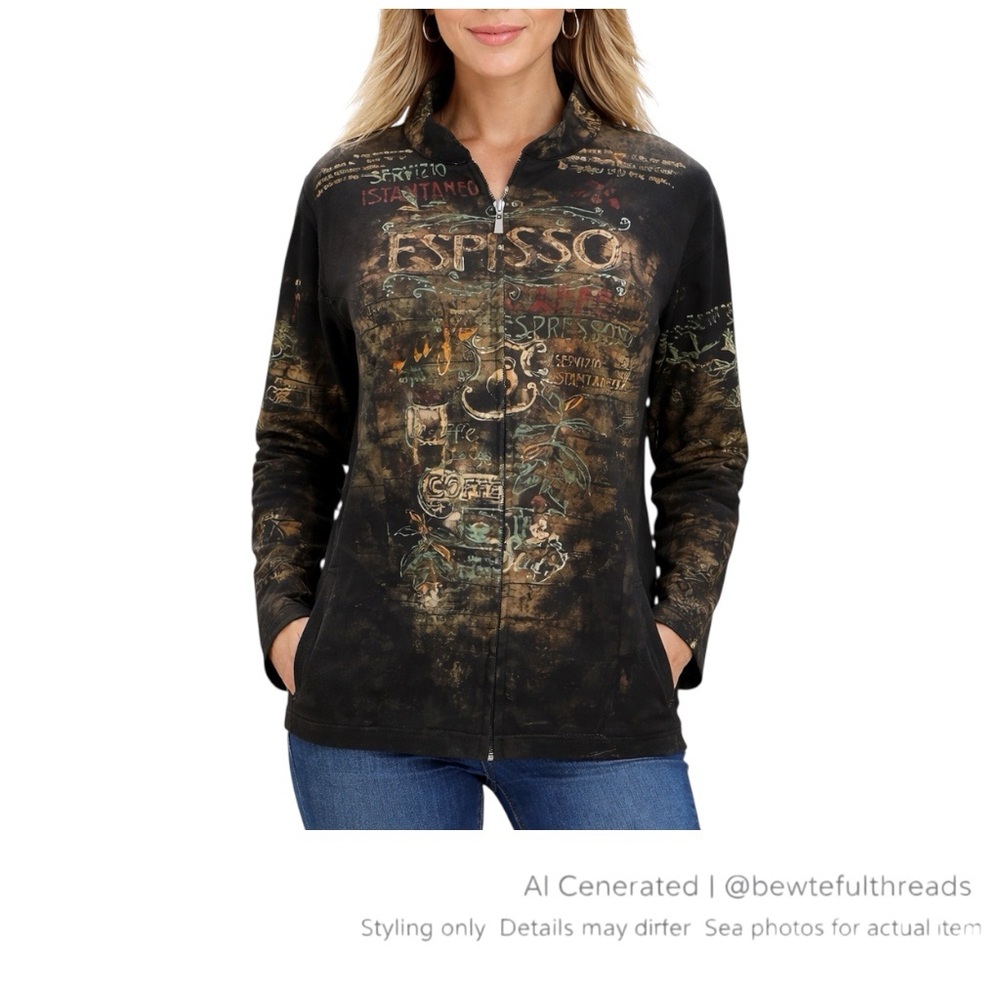 Cactus XL Black Coffee Graphic Zip Jacket Stretch Bling Vintage